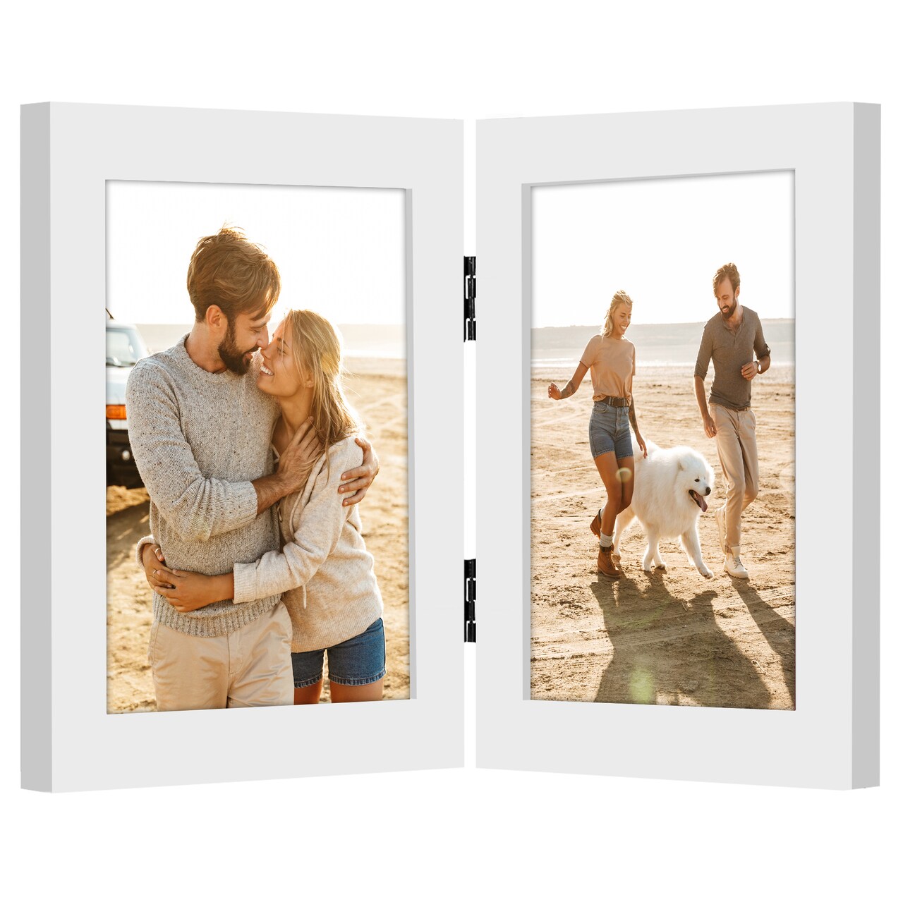 Americanflat Tri-Folding Picture Frame - Displays Two Photos at Once - Double Hinged Picture Frame - Shatter Resistant Glass - Tabletop Display Picture Frame - Black